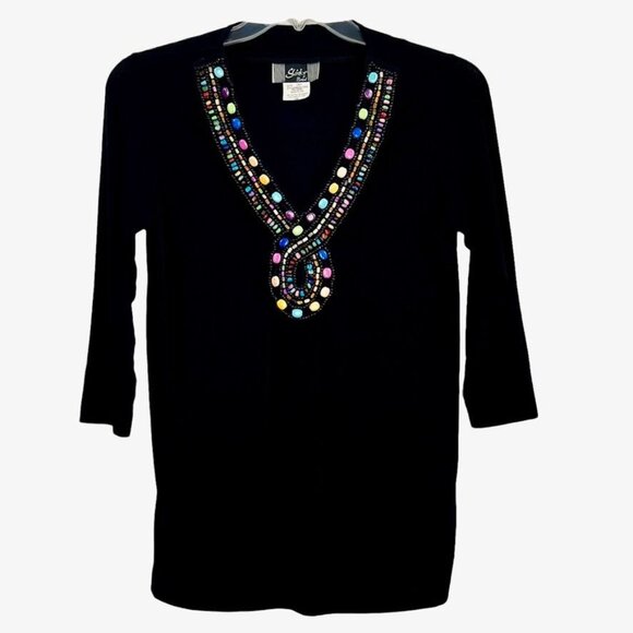 Slinky Brand Beaded Tunic Top Womens PS Pullover Stretch 3/4 Sleeves Black Vtg - Picture 1 of 10